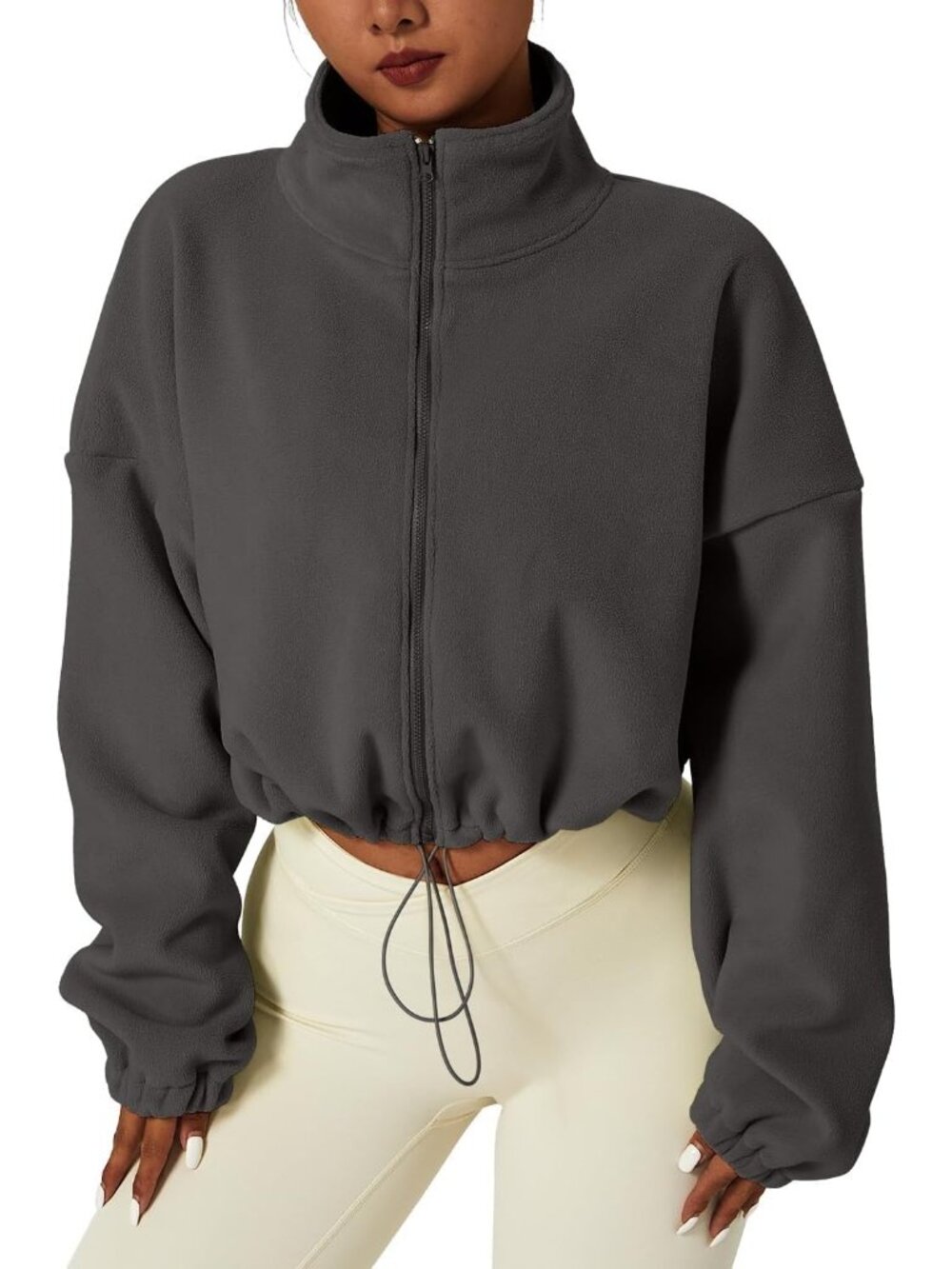 Women Dark Grey Full Zip Fleece Short Jacket Winter Long Sleeve Collar Crop Coat